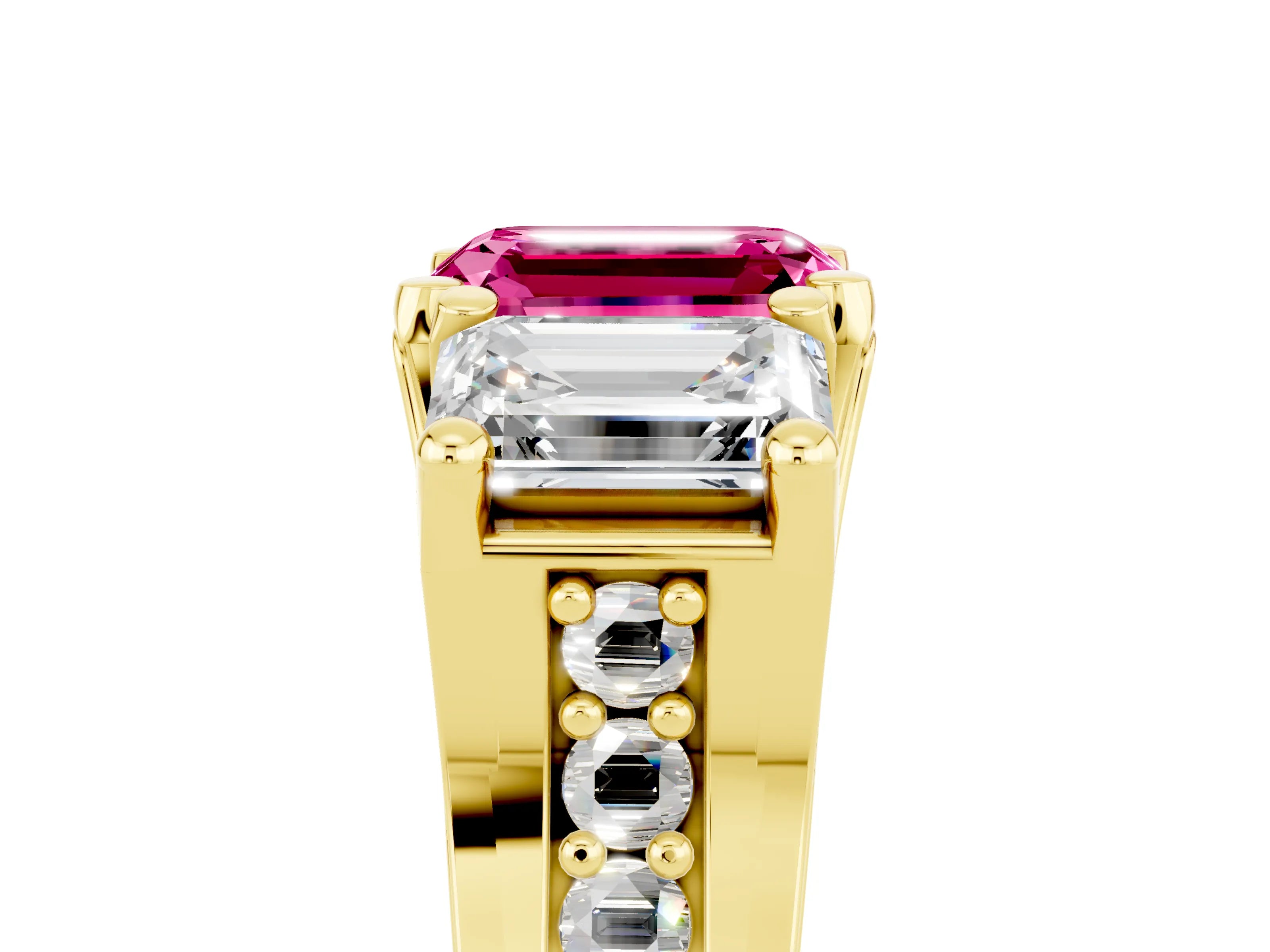 Yellow gold Emerald Cut Pink Sapphire Three-Stone Ring with Channel Set Band and Four-Prong Setting_5