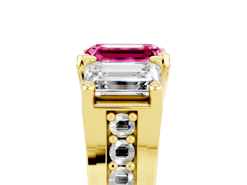 Yellow gold Emerald Cut Pink Sapphire Three-Stone Ring with Channel Set Band and Four-Prong Setting_5