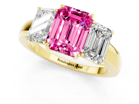 Yellow gold Emerald Cut Pink Sapphire Three-Stone Ring with Four-Prong Setting and Classic Band_1