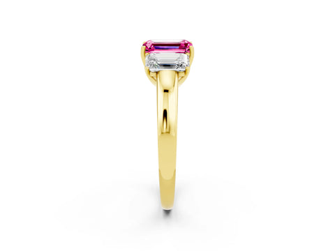 Yellow gold Emerald Cut Pink Sapphire Three-Stone Ring with Four-Prong Setting and Classic Band_2