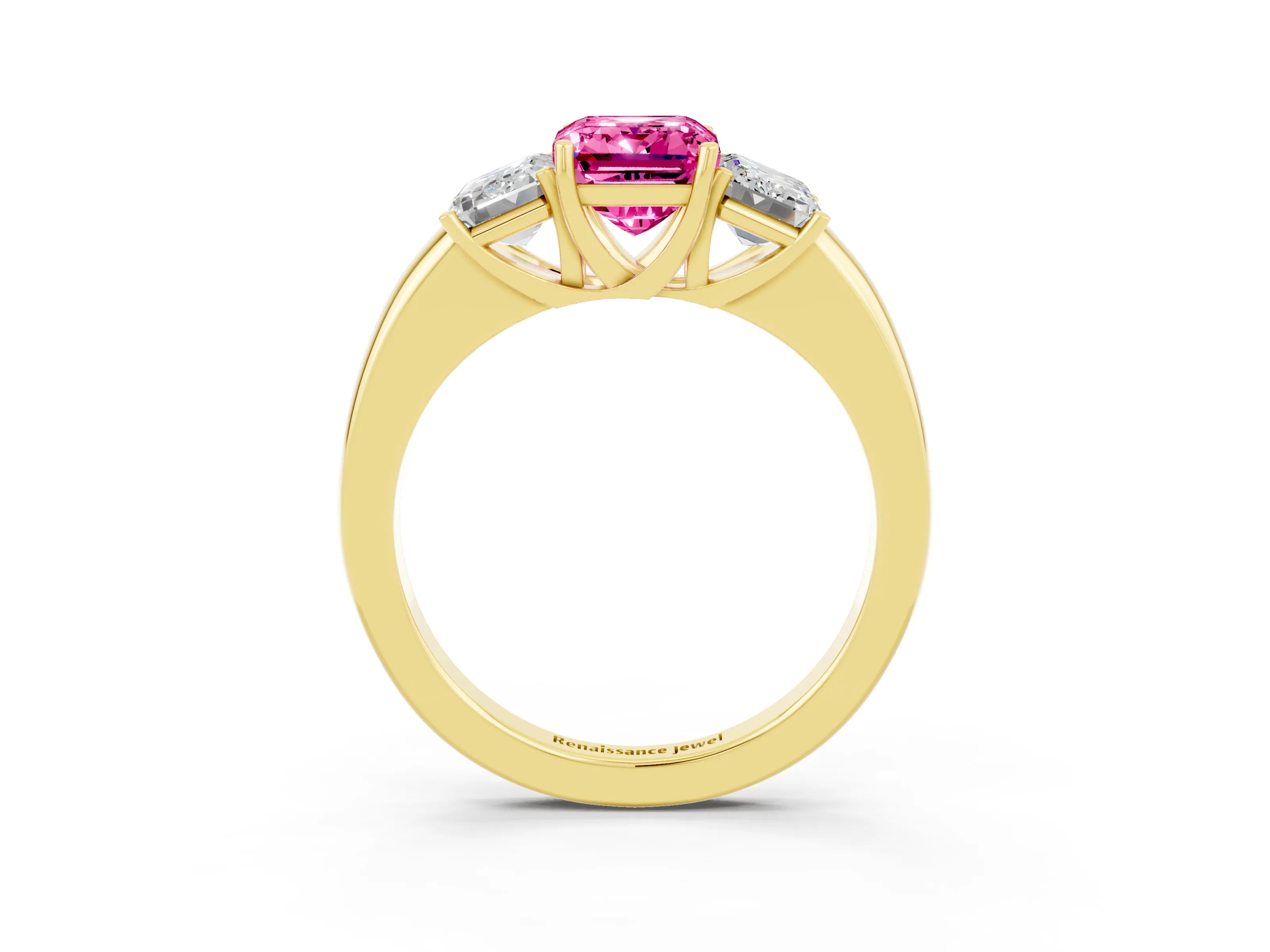 Yellow gold Emerald Cut Pink Sapphire Three-Stone Ring with Four-Prong Setting and Classic Band_3