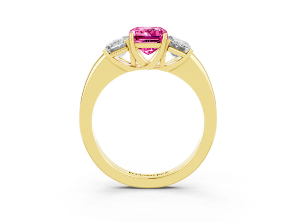 Yellow gold Emerald Cut Pink Sapphire Three-Stone Ring with Four-Prong Setting and Classic Band
