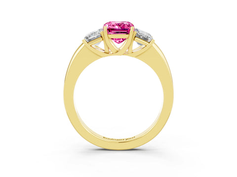 Yellow gold Emerald Cut Pink Sapphire Three-Stone Ring with Four-Prong Setting and Classic Band_3