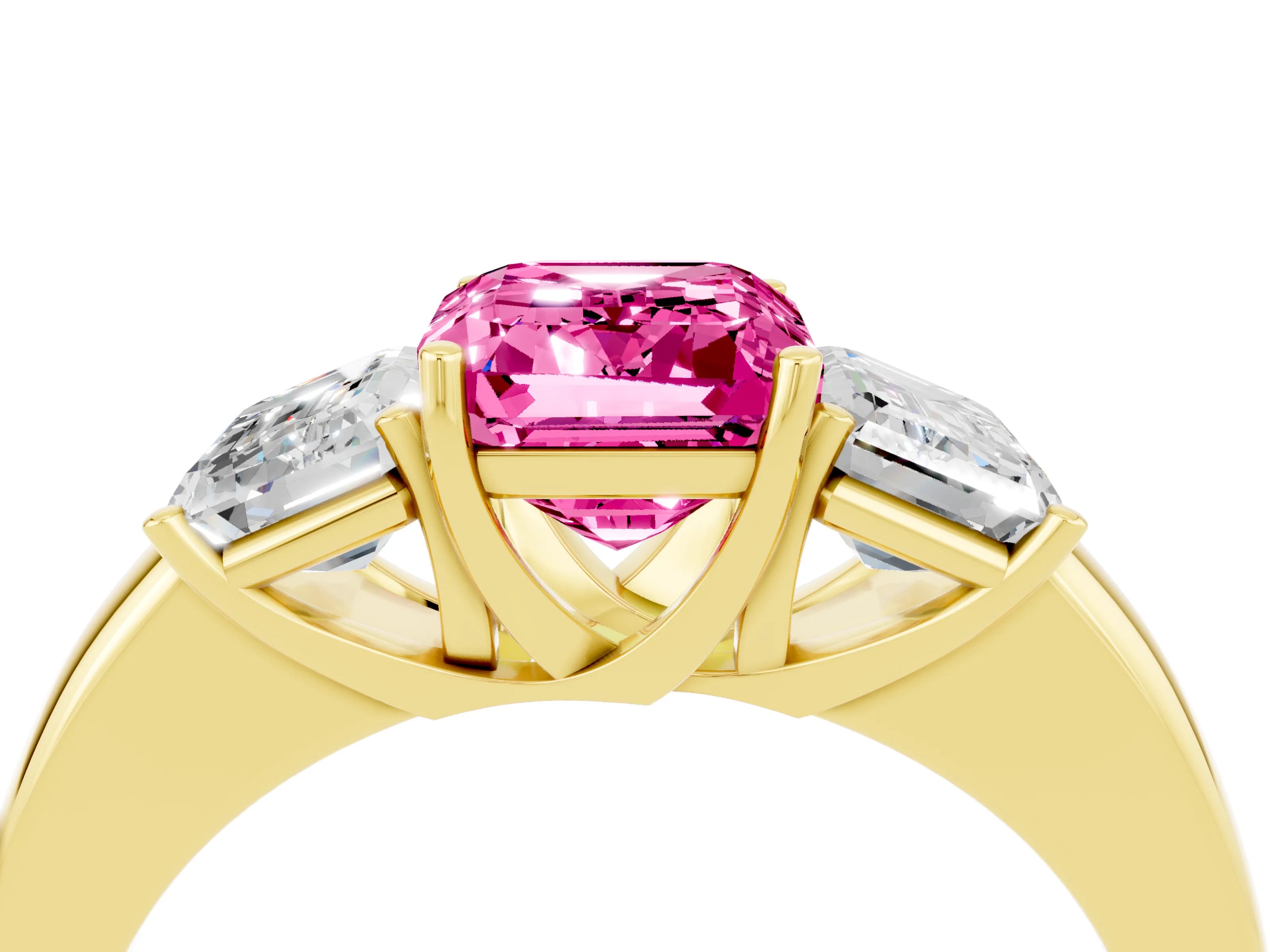 Yellow gold Emerald Cut Pink Sapphire Three-Stone Ring with Four-Prong Setting and Classic Band_4