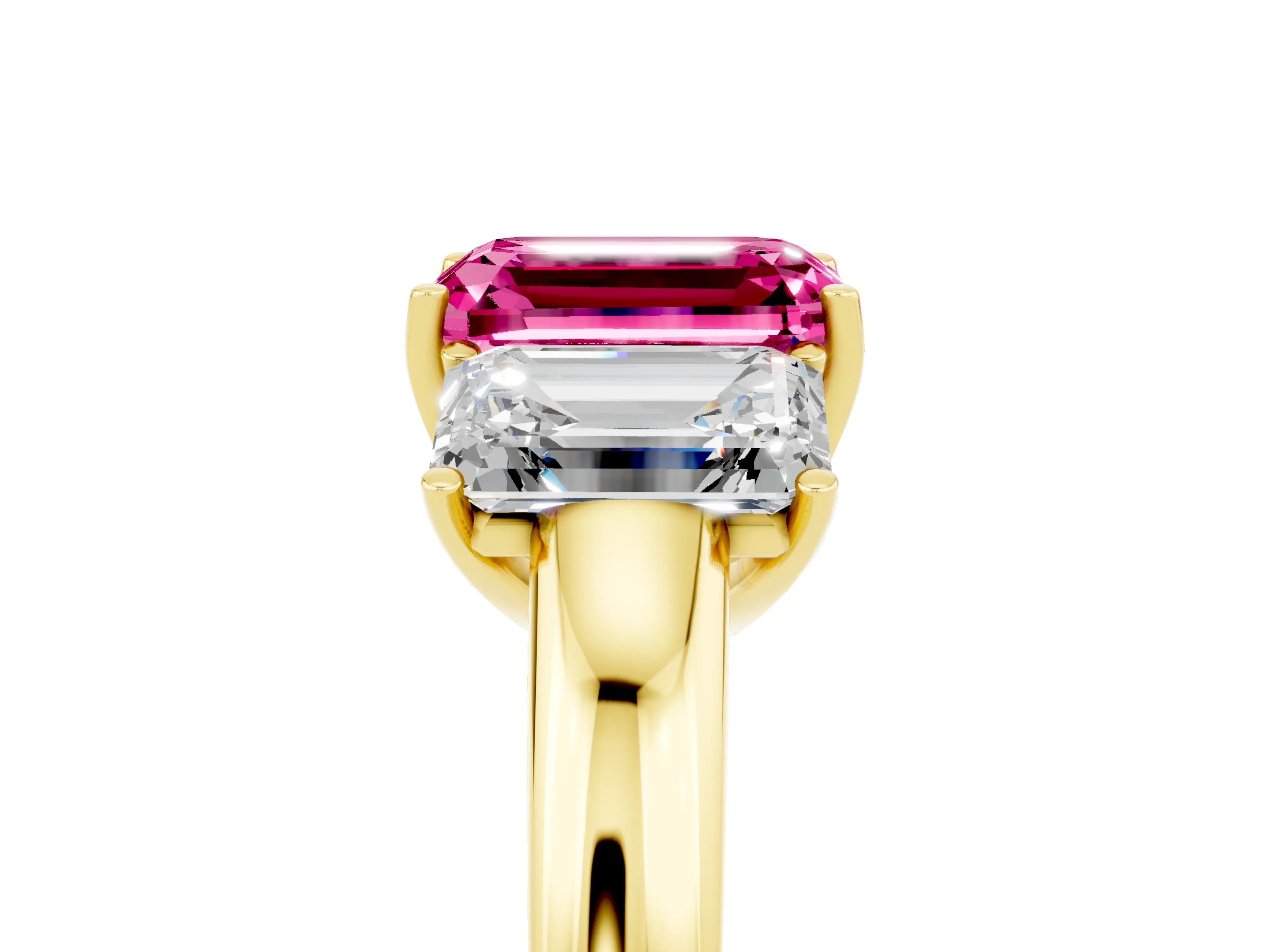 Yellow gold Emerald Cut Pink Sapphire Three-Stone Ring with Four-Prong Setting and Classic Band_5
