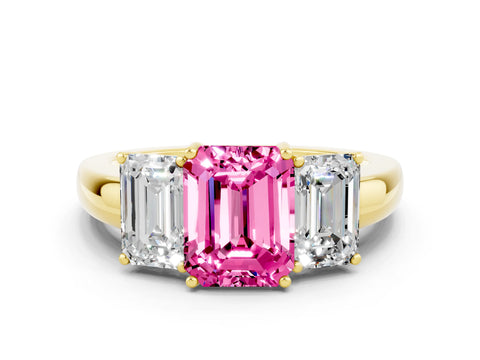Yellow gold Emerald Cut Pink Sapphire Three-Stone Ring with Four-Prong Setting and Classic Band