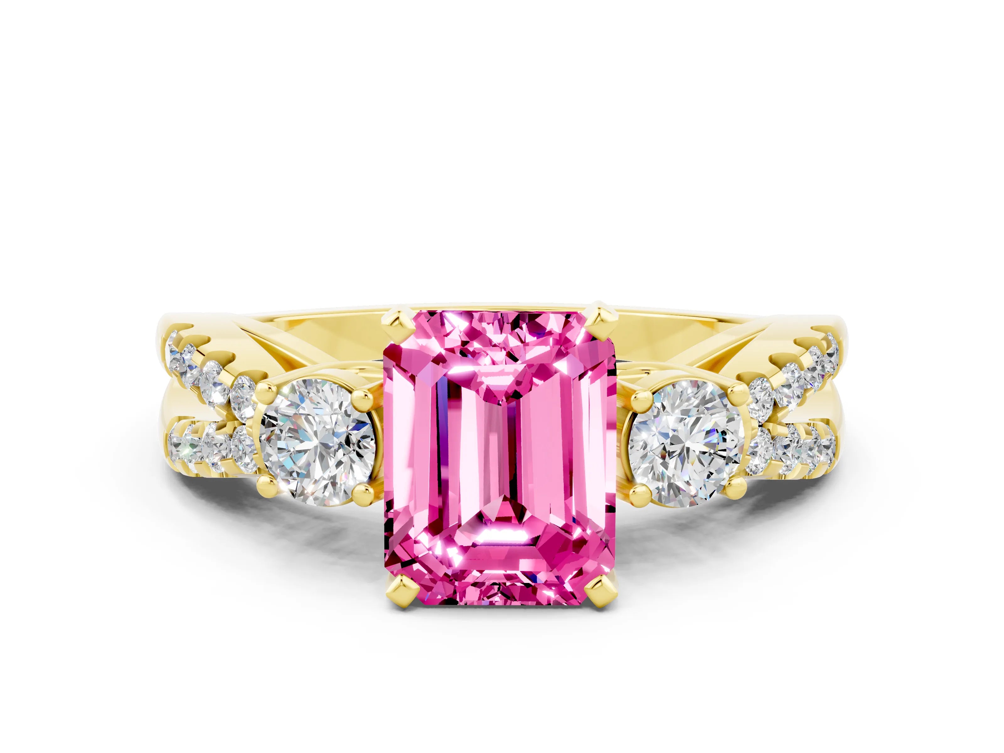 Yellow gold Emerald Cut Pink Sapphire Three-Stone Ring with Pavé Split Shank and Four-Prong Setting_24