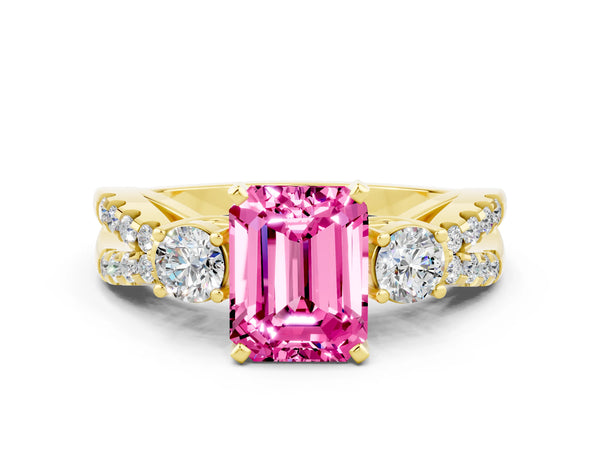 Yellow gold Emerald Cut Pink Sapphire Three-Stone Ring with Pavé Split Shank and Four-Prong Setting