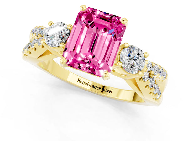 Yellow gold Emerald Cut Pink Sapphire Three-Stone Ring with Pavé Split Shank and Four-Prong Setting