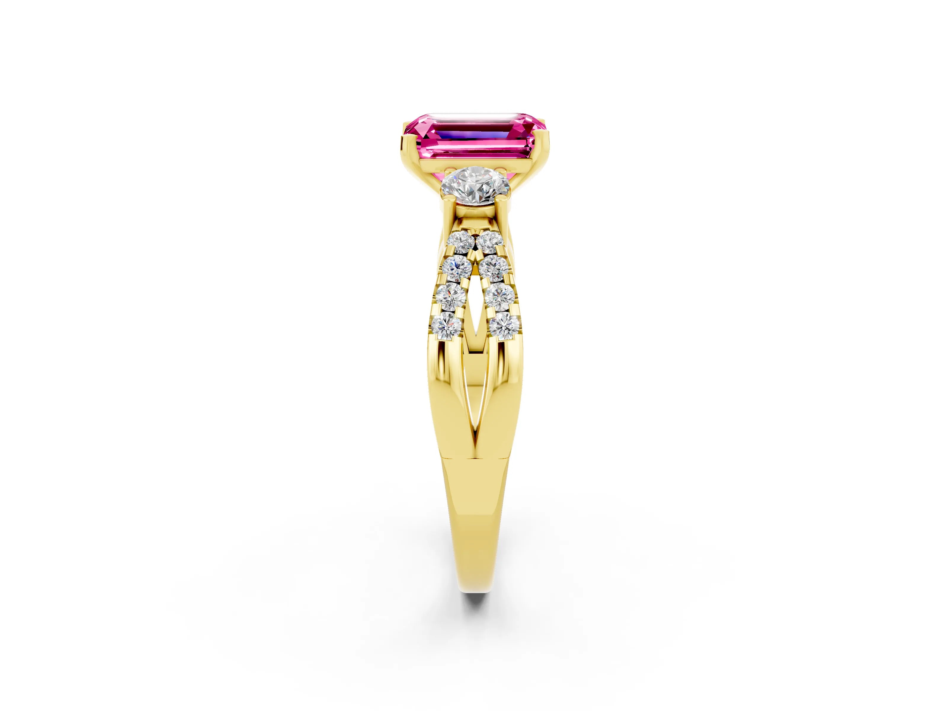 Yellow gold Emerald Cut Pink Sapphire Three-Stone Ring with Pavé Split Shank and Four-Prong Setting_26