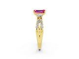 Yellow gold Emerald Cut Pink Sapphire Three-Stone Ring with Pavé Split Shank and Four-Prong Setting_26