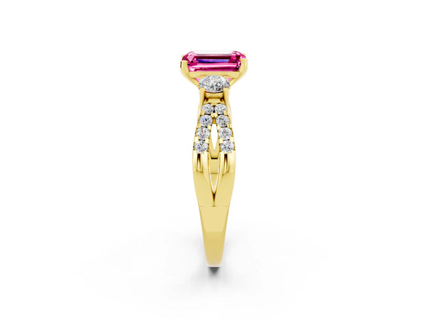 Yellow gold Emerald Cut Pink Sapphire Three-Stone Ring with Pavé Split Shank and Four-Prong Setting