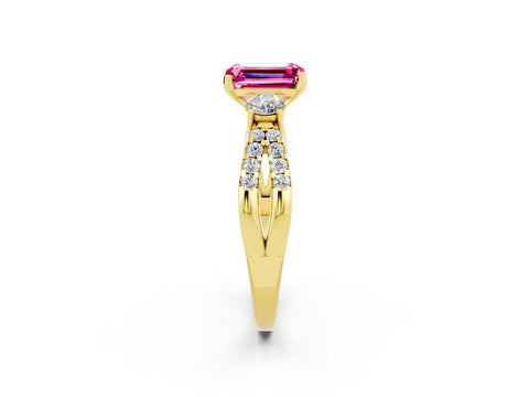 Yellow gold Emerald Cut Pink Sapphire Three-Stone Ring with Pavé Split Shank and Four-Prong Setting_26