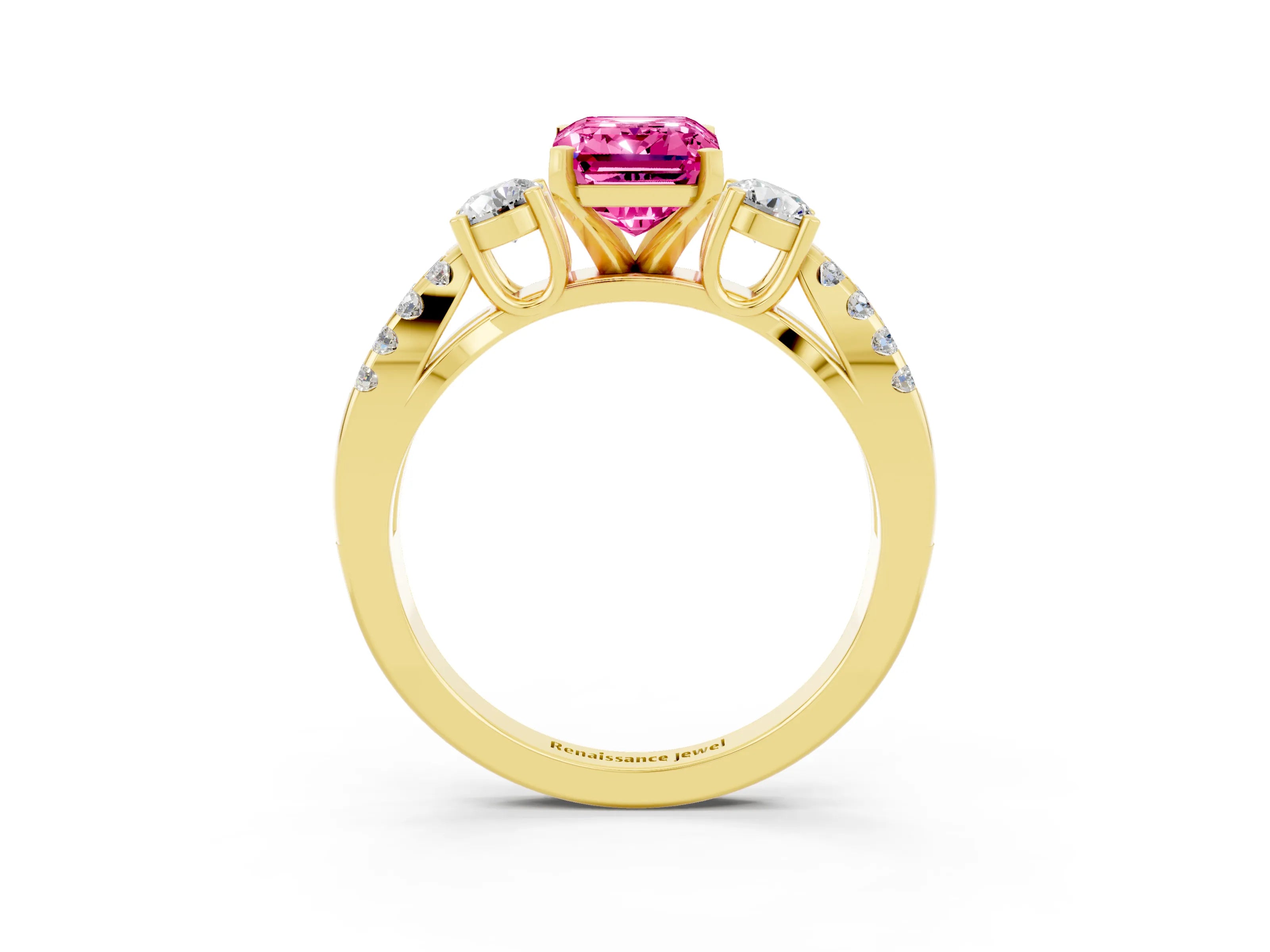 Yellow gold Emerald Cut Pink Sapphire Three-Stone Ring with Pavé Split Shank and Four-Prong Setting_27