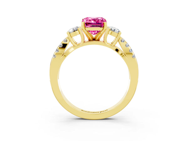 Yellow gold Emerald Cut Pink Sapphire Three-Stone Ring with Pavé Split Shank and Four-Prong Setting