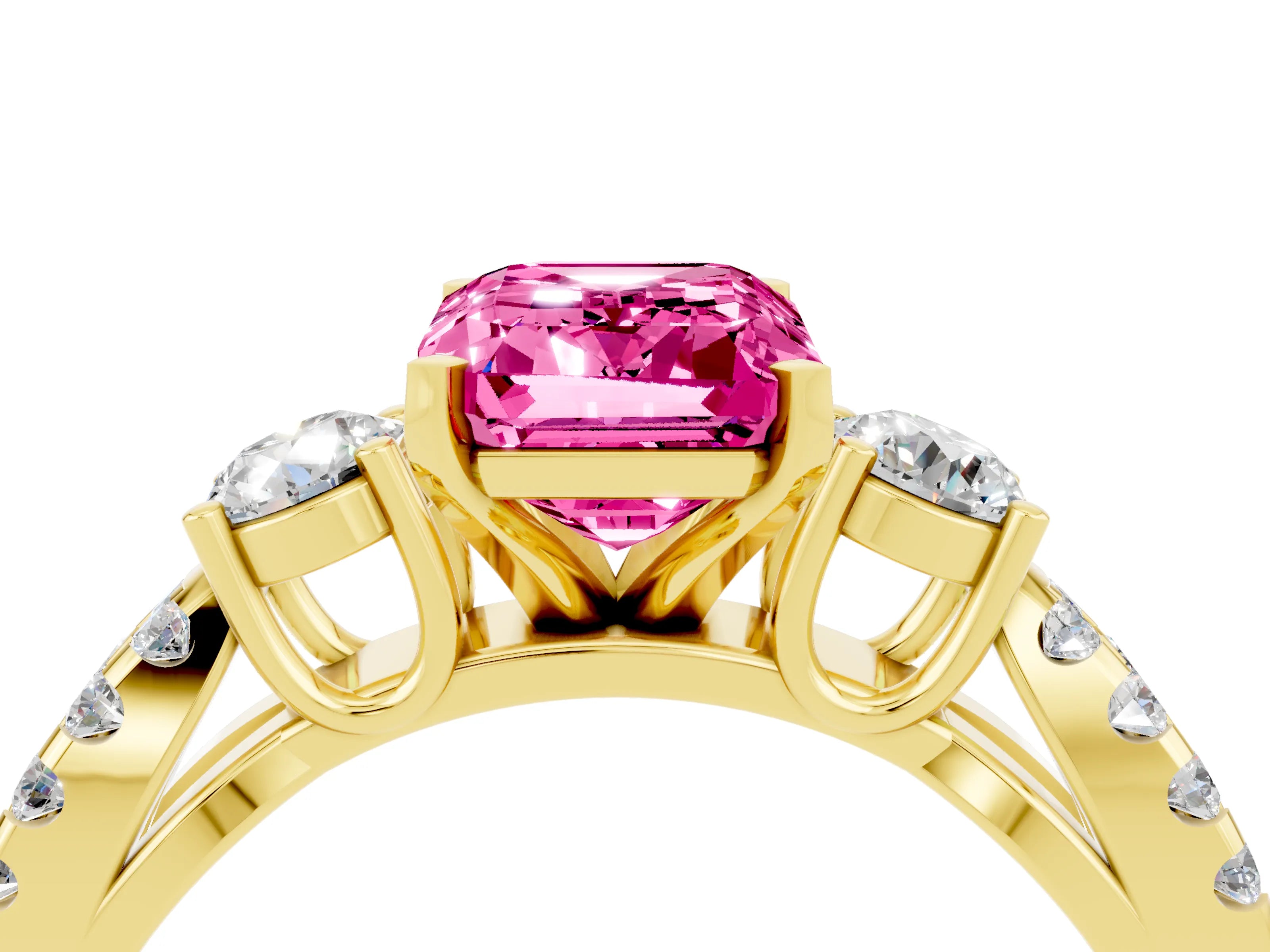 Yellow gold Emerald Cut Pink Sapphire Three-Stone Ring with Pavé Split Shank and Four-Prong Setting_28