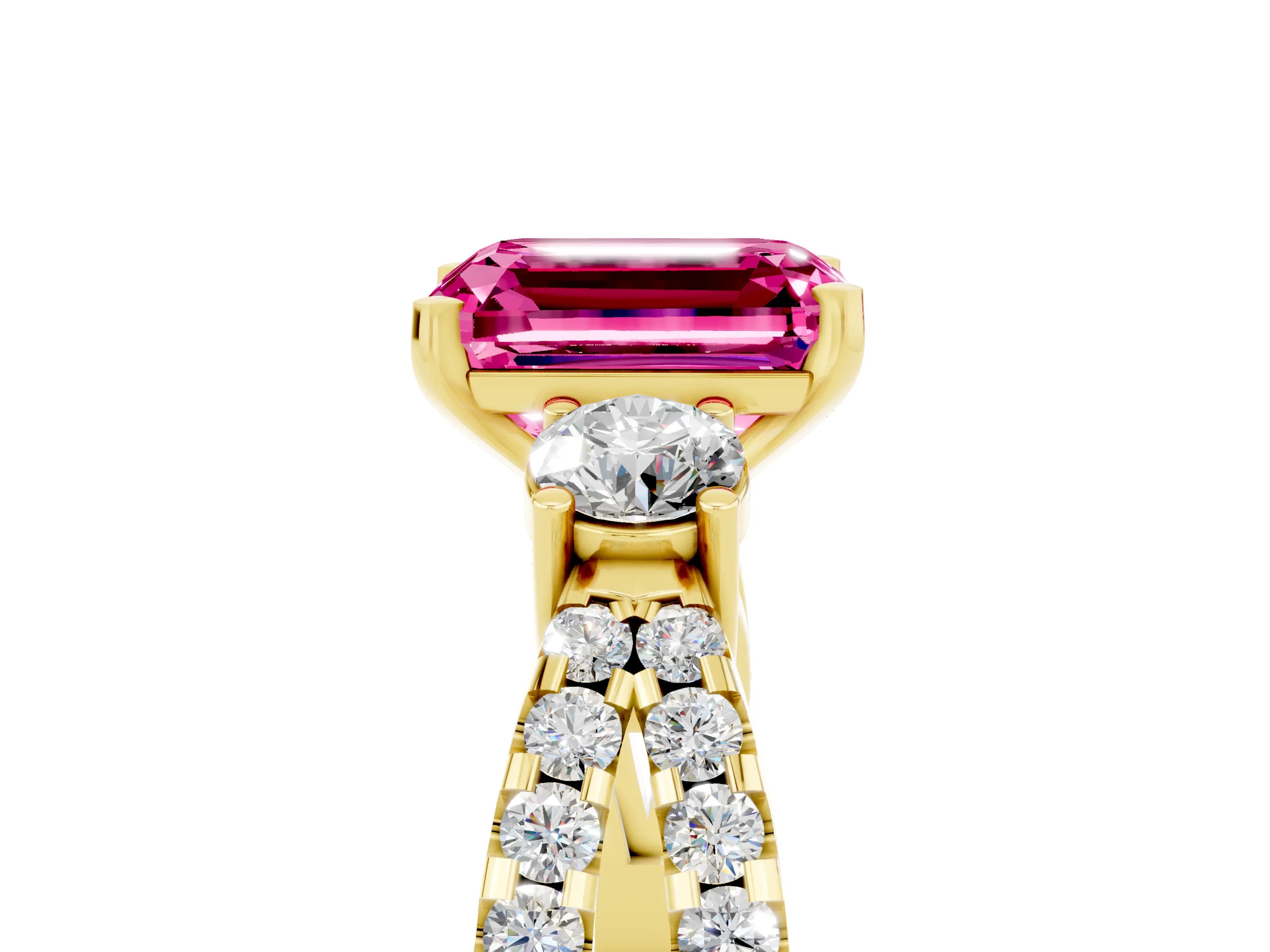 Yellow gold Emerald Cut Pink Sapphire Three-Stone Ring with Pavé Split Shank and Four-Prong Setting_29