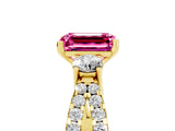 Yellow gold Emerald Cut Pink Sapphire Three-Stone Ring with Pavé Split Shank and Four-Prong Setting_29