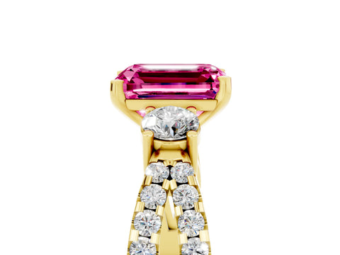 Yellow gold Emerald Cut Pink Sapphire Three-Stone Ring with Pavé Split Shank and Four-Prong Setting_29