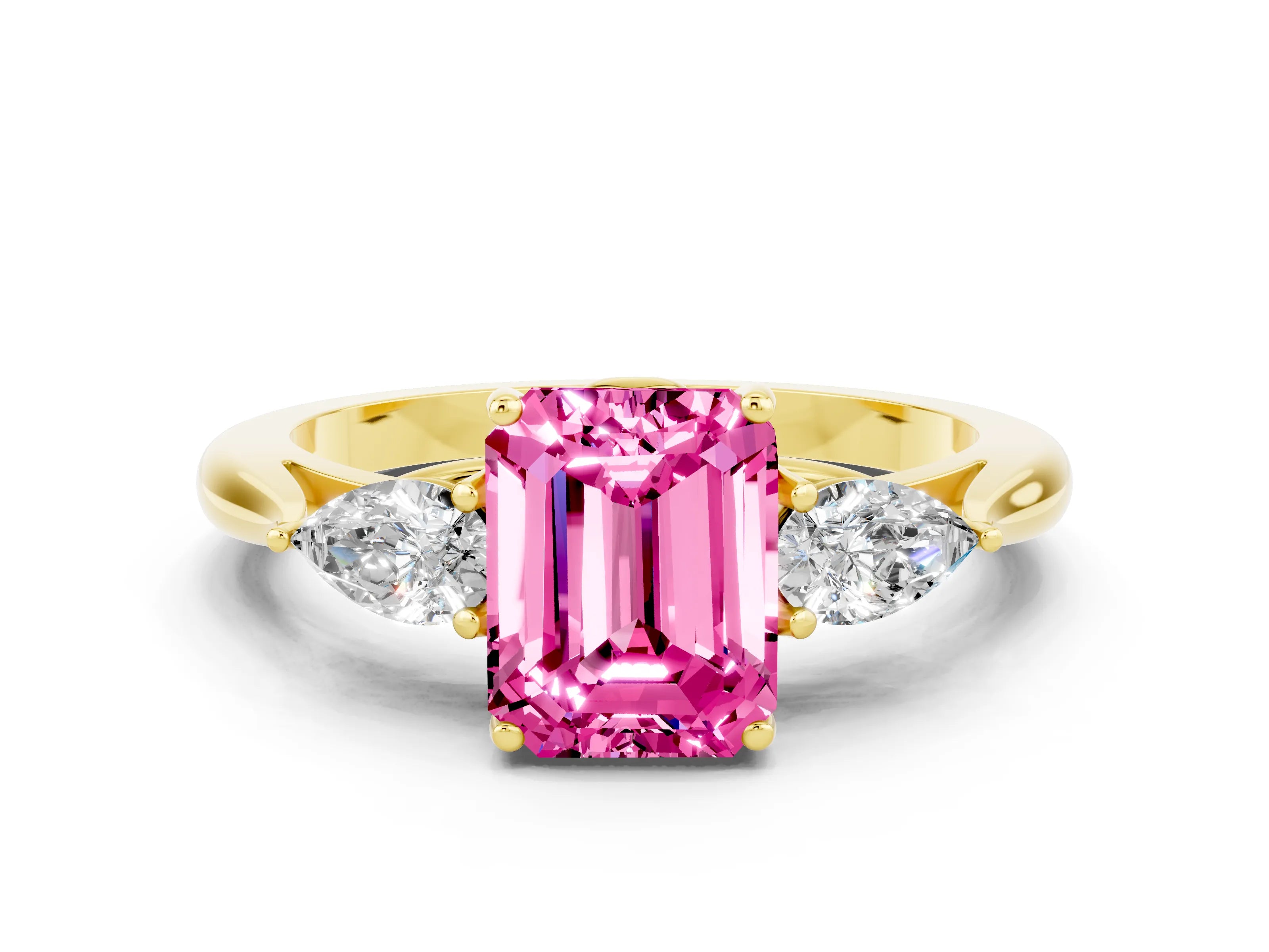 Yellow gold Emerald Cut Pink Sapphire Three-Stone Ring with Pear Side Stones and Four-Prong Setting_12