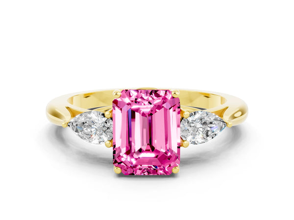 Yellow gold Emerald Cut Pink Sapphire Three-Stone Ring with Pear  Side Stones and Prong Setting