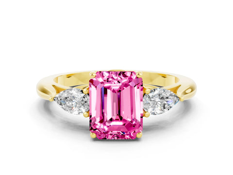 Yellow gold Emerald Cut Pink Sapphire Three-Stone Ring with Pear Side Stones and Four-Prong Setting_12