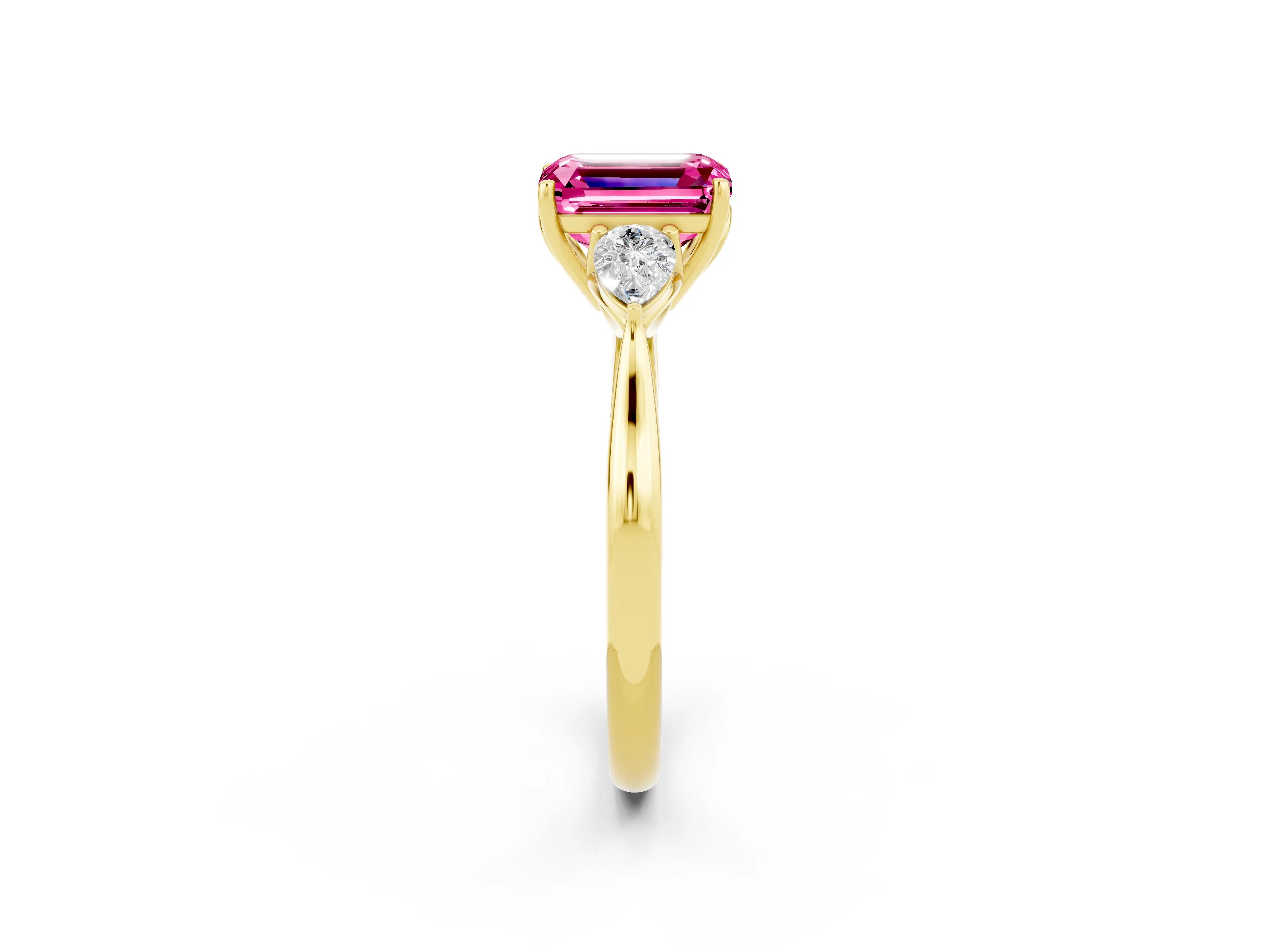 Yellow gold Emerald Cut Pink Sapphire Three-Stone Ring with Pear Side Stones and Four-Prong Setting_14