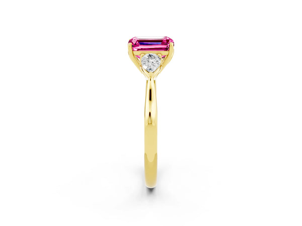 Yellow gold Emerald Cut Pink Sapphire Three-Stone Ring with Pear  Side Stones and Prong Setting