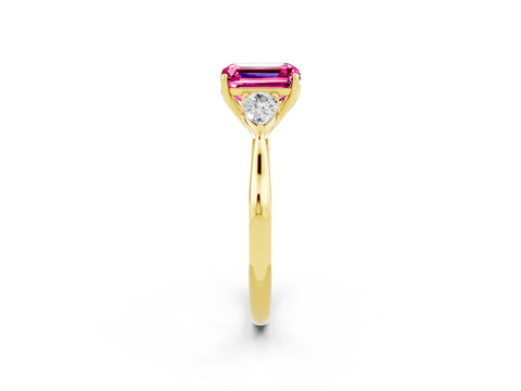 Yellow gold Emerald Cut Pink Sapphire Three-Stone Ring with Pear Side Stones and Four-Prong Setting_14