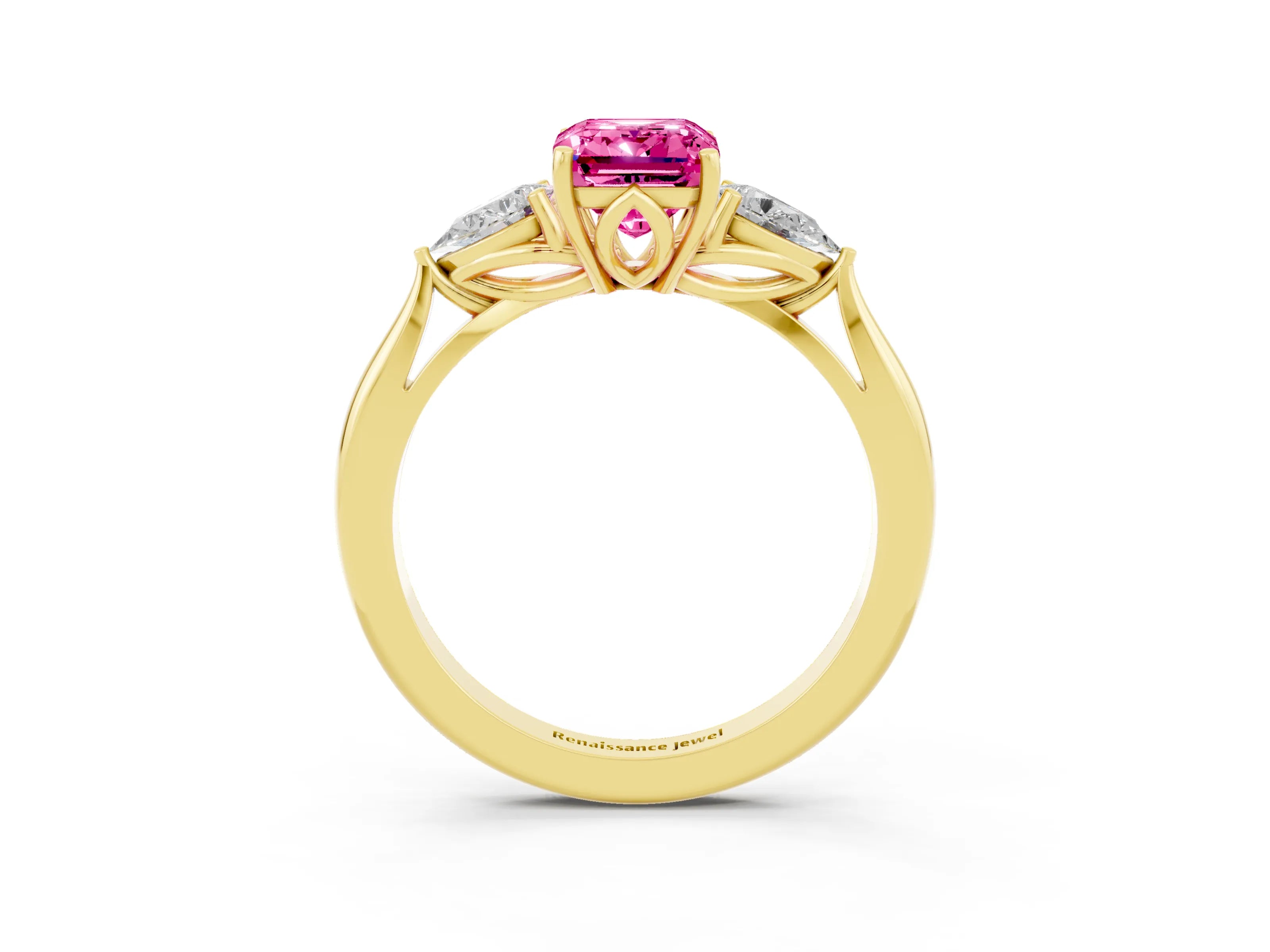 Yellow gold Emerald Cut Pink Sapphire Three-Stone Ring with Pear Side Stones and Four-Prong Setting_15