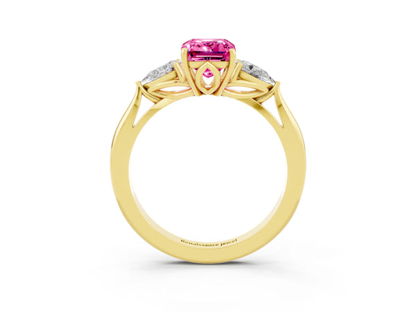 Yellow gold Emerald Cut Pink Sapphire Three-Stone Ring with Pear  Side Stones and Prong Setting