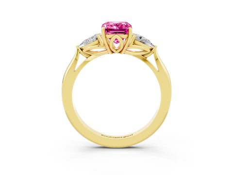 Yellow gold Emerald Cut Pink Sapphire Three-Stone Ring with Pear Side Stones and Four-Prong Setting_15