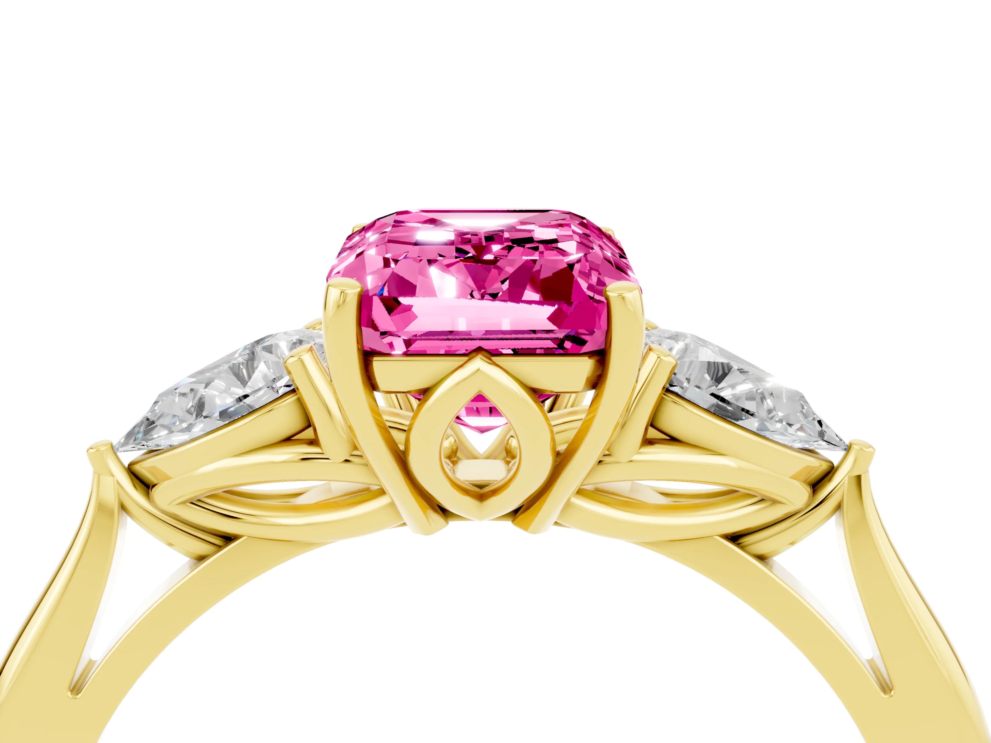 Yellow gold Emerald Cut Pink Sapphire Three-Stone Ring with Pear Side Stones and Four-Prong Setting_16