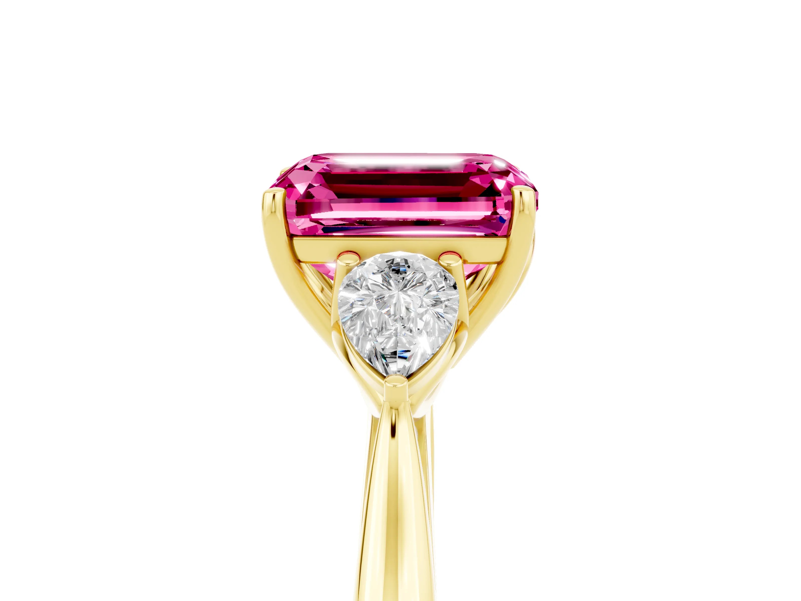 Yellow gold Emerald Cut Pink Sapphire Three-Stone Ring with Pear Side Stones and Four-Prong Setting_17