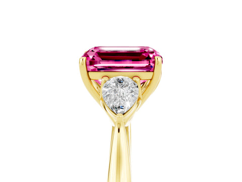 Yellow gold Emerald Cut Pink Sapphire Three-Stone Ring with Pear Side Stones and Four-Prong Setting_17