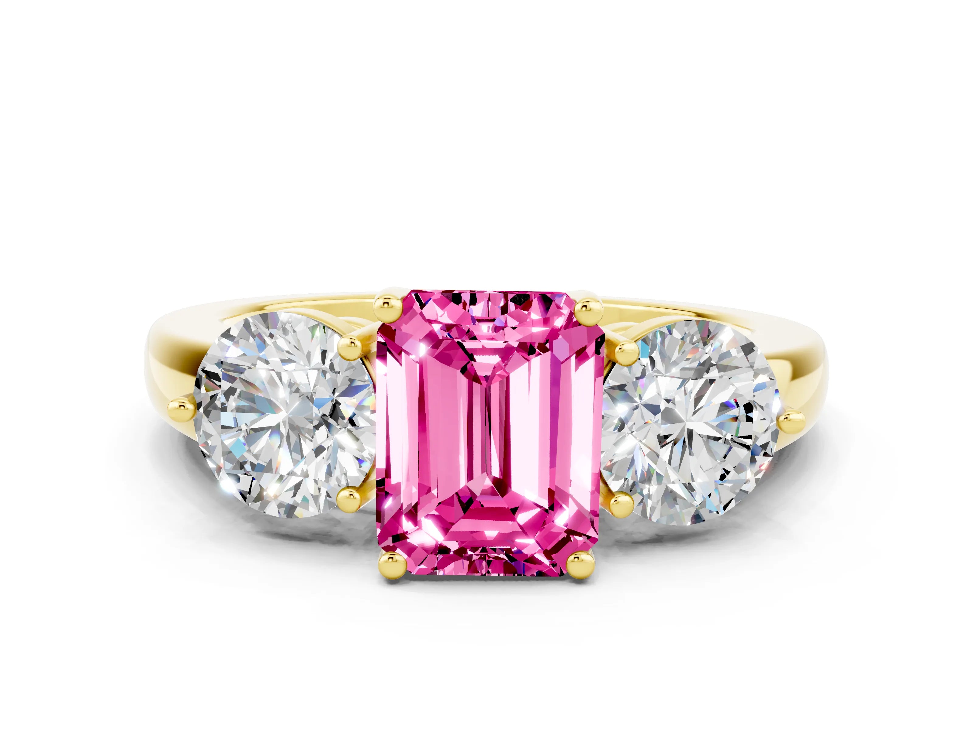 Yellow gold Emerald Cut Pink Sapphire Three-Stone Ring with Prong Setting and Classic Band
