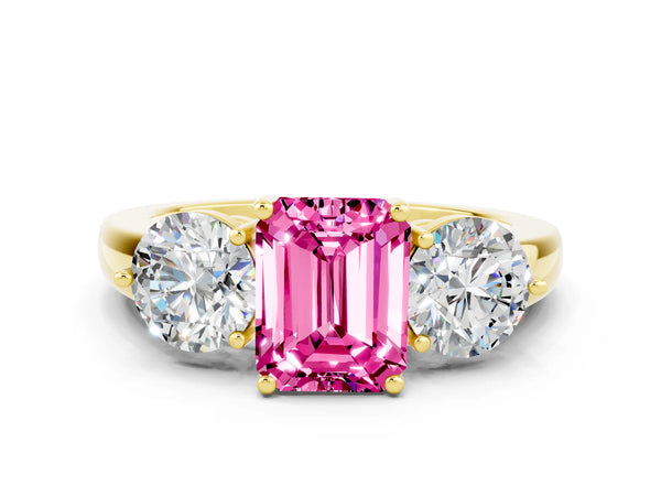 Yellow gold Emerald Cut Pink Sapphire Three-Stone Ring with Prong Setting and Classic Band