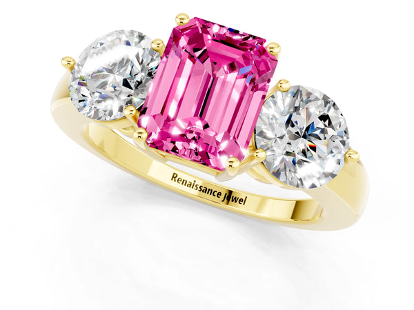Yellow gold Emerald Cut Pink Sapphire Three-Stone Ring with Prong Setting and Classic Band