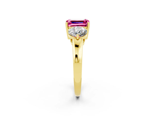 Yellow gold Emerald Cut Pink Sapphire Three-Stone Ring with Prong Setting and Classic Band