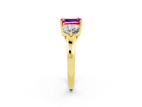 Yellow gold Emerald Cut Pink Sapphire Three-Stone Ring with Prong Setting and Classic Band_2