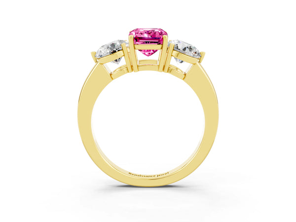 Yellow gold Emerald Cut Pink Sapphire Three-Stone Ring with Prong Setting and Classic Band