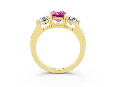 Yellow gold Emerald Cut Pink Sapphire Three-Stone Ring with Prong Setting and Classic Band_3