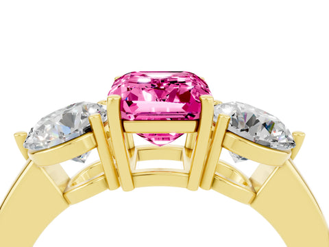 Yellow gold Emerald Cut Pink Sapphire Three-Stone Ring with Prong Setting and Classic Band_4