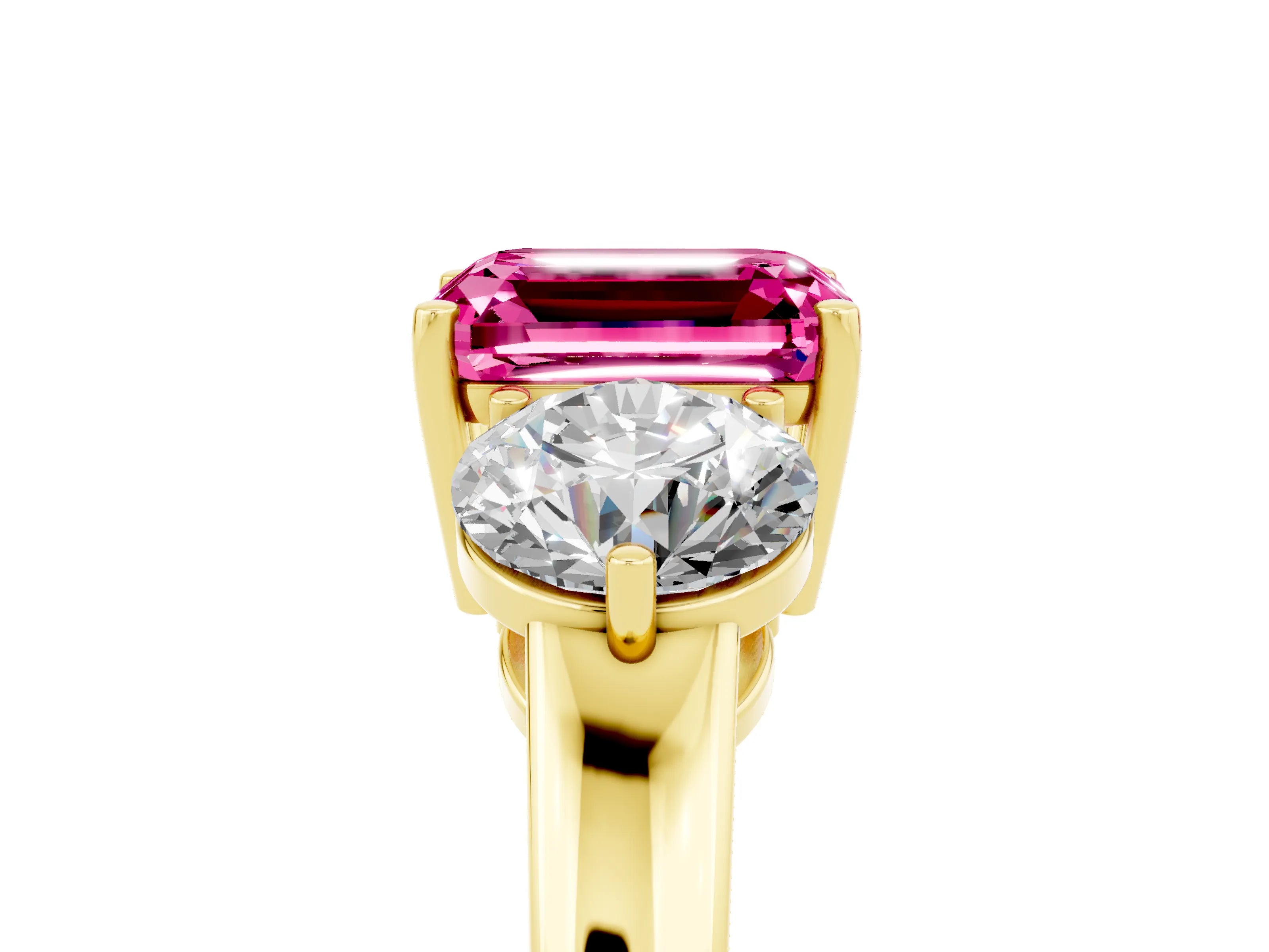 Yellow gold Emerald Cut Pink Sapphire Three-Stone Ring with Prong Setting and Classic Band_5