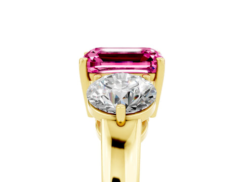 Yellow gold Emerald Cut Pink Sapphire Three-Stone Ring with Prong Setting and Classic Band_5