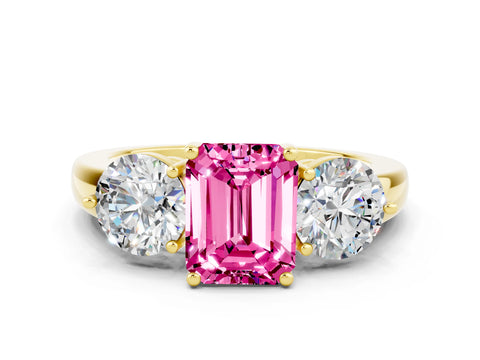 Yellow gold Emerald Cut Pink Sapphire Three-Stone Ring with Prong Setting and Classic Band