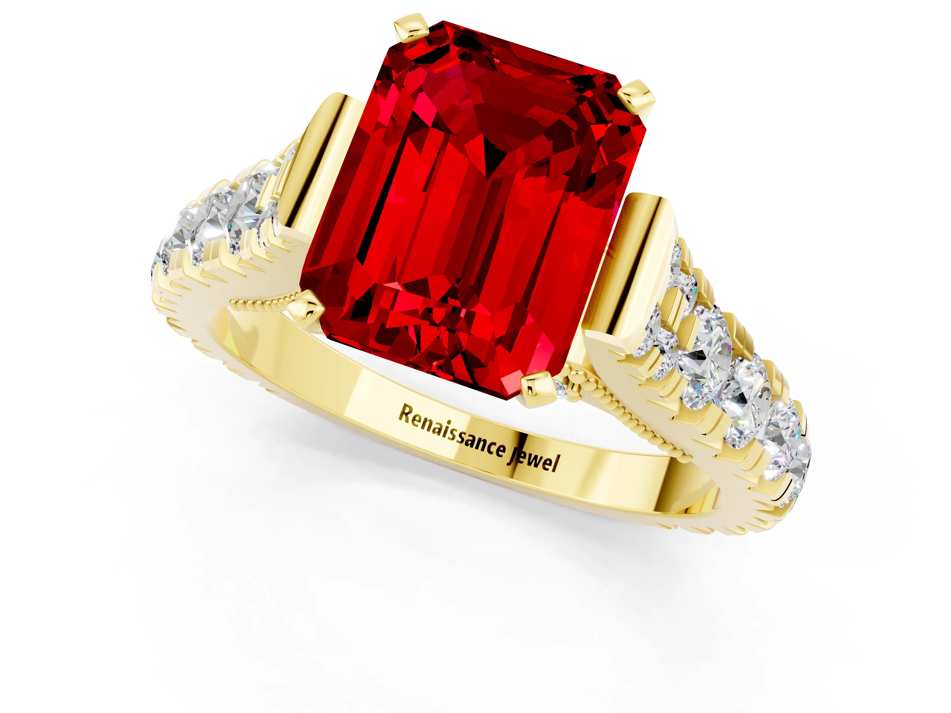 Yellow gold Emerald Cut Ruby Classic Solitaire Ring with Pavé Band and Four-Prong Setting_1