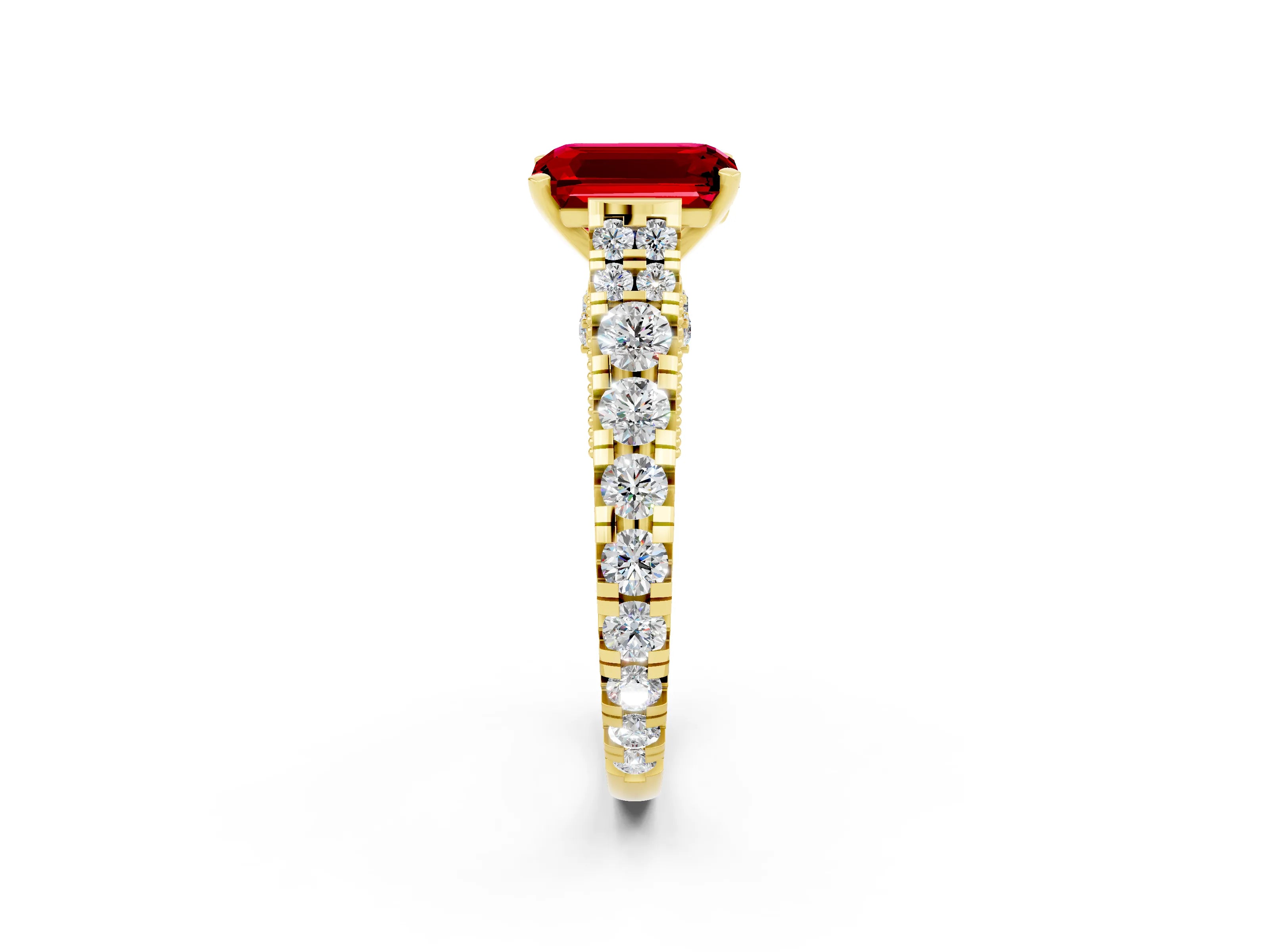 Yellow gold Emerald Cut Ruby Classic Solitaire Ring with Pavé Band and Four-Prong Setting_2