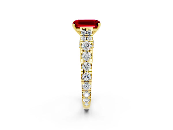 Yellow gold Emerald Cut Ruby Classic Solitaire Ring with Pavé Band and Four-Prong Setting