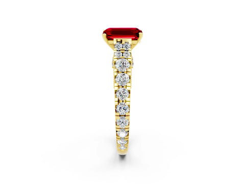 Yellow gold Emerald Cut Ruby Classic Solitaire Ring with Pavé Band and Four-Prong Setting_2